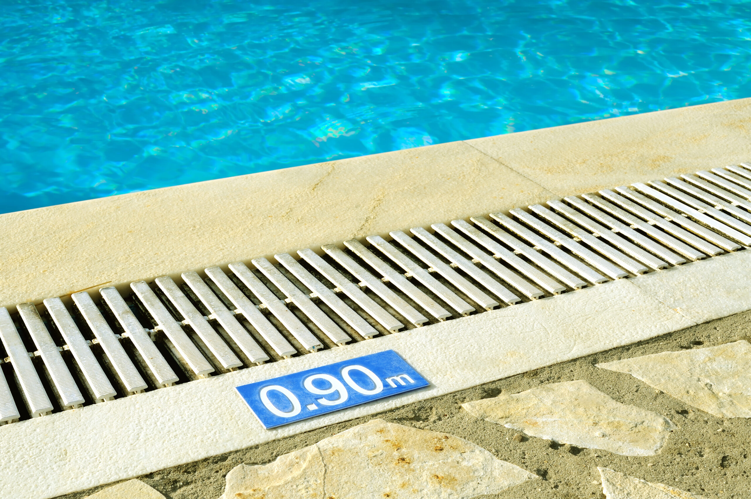 The edge of a pool with depth information, typically displayed on the pool's wall or edge to inform swimmers of the water depth.