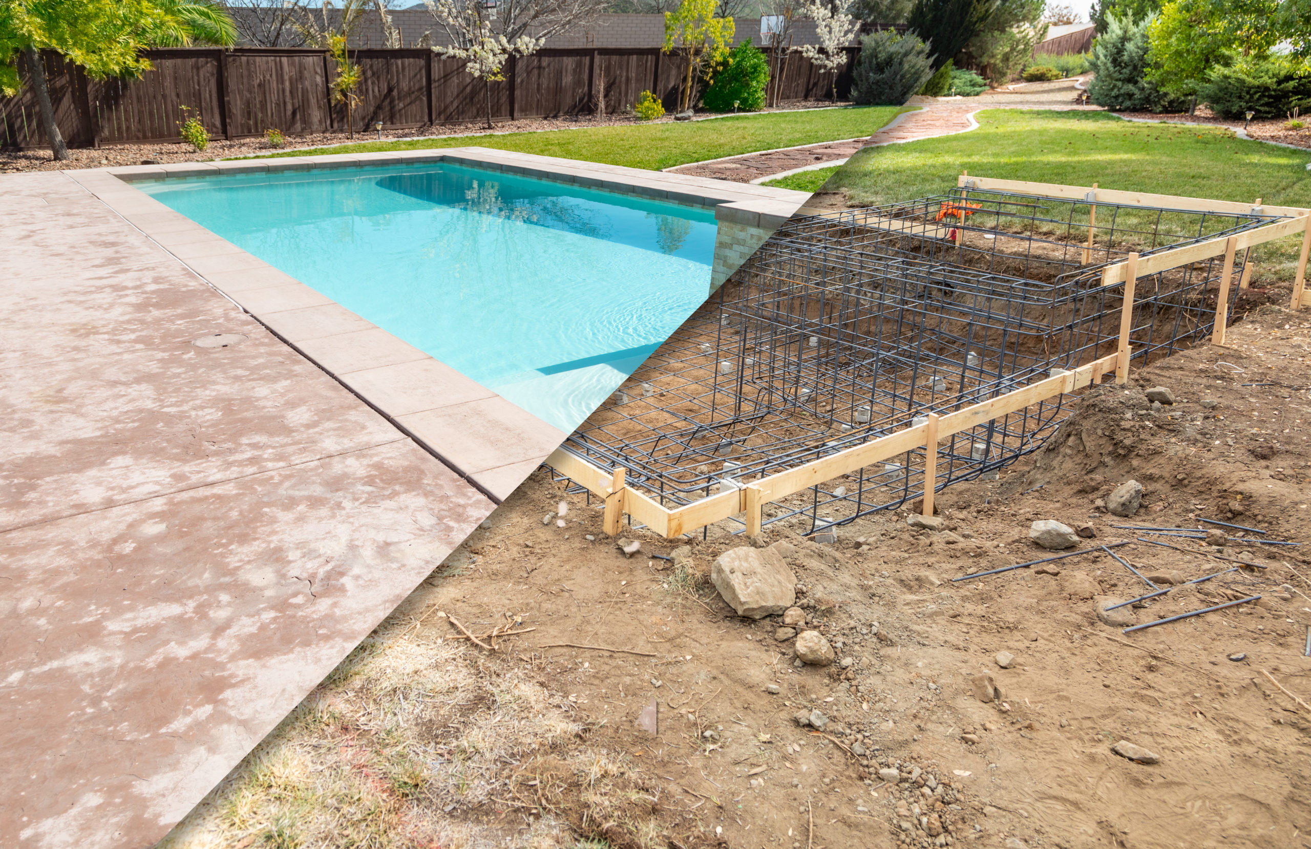 Image or diagram depicting the process of swimming pool construction, including excavation, foundation, plumbing, and finishing stages.