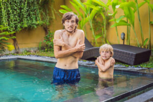 Dad and son was frozen in the pool. Very cold water in the pool. Need heated water.