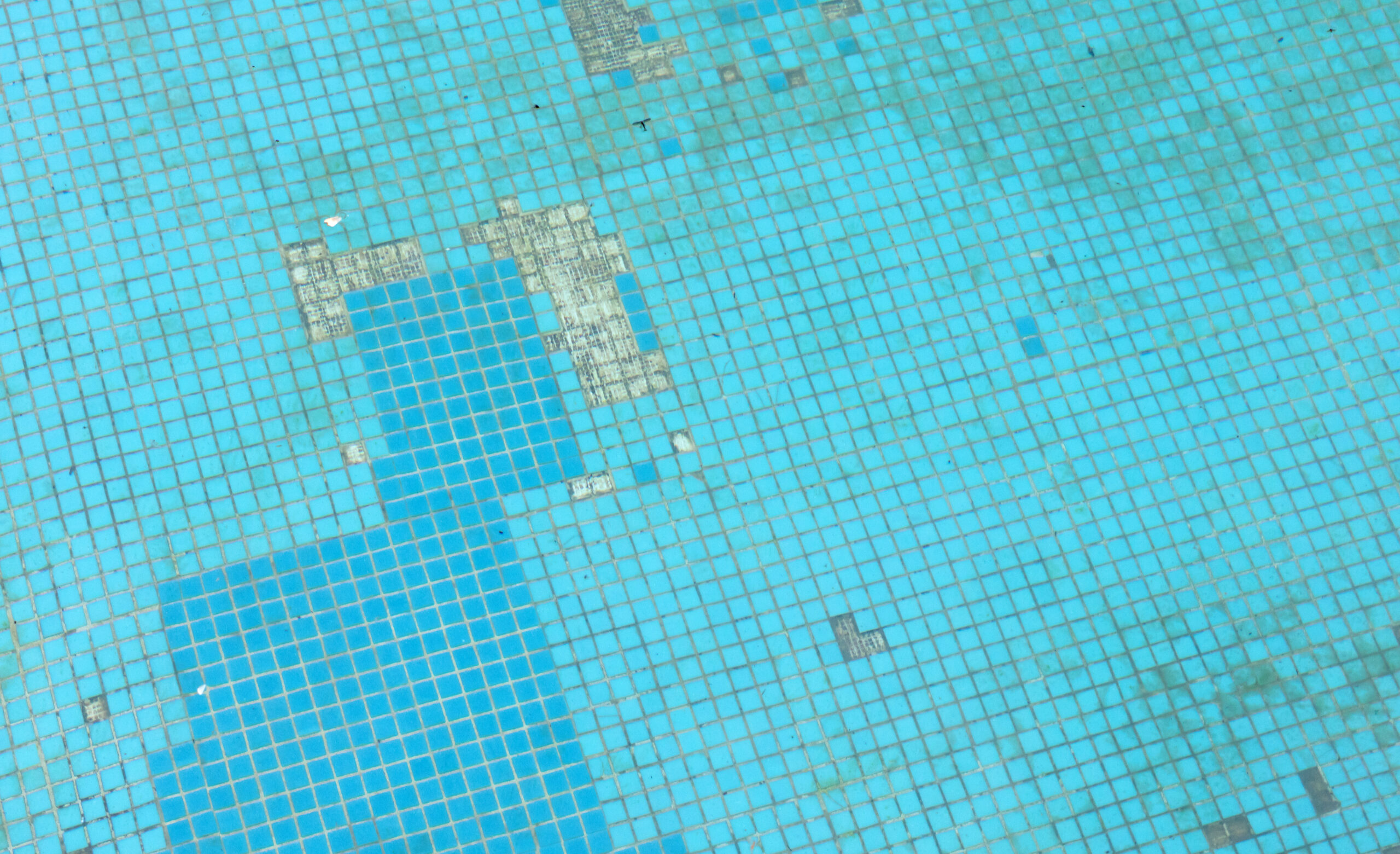 Cracked tiles in a pool, showing signs of wear and tear, which may require maintenance or repair.