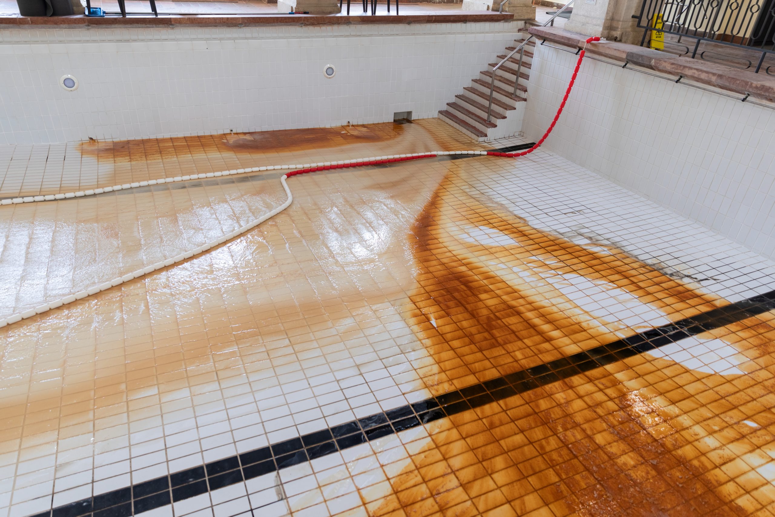 A drained pool with dirty, brown-colored residue at the bottom, indicating the need for cleaning and maintenance
