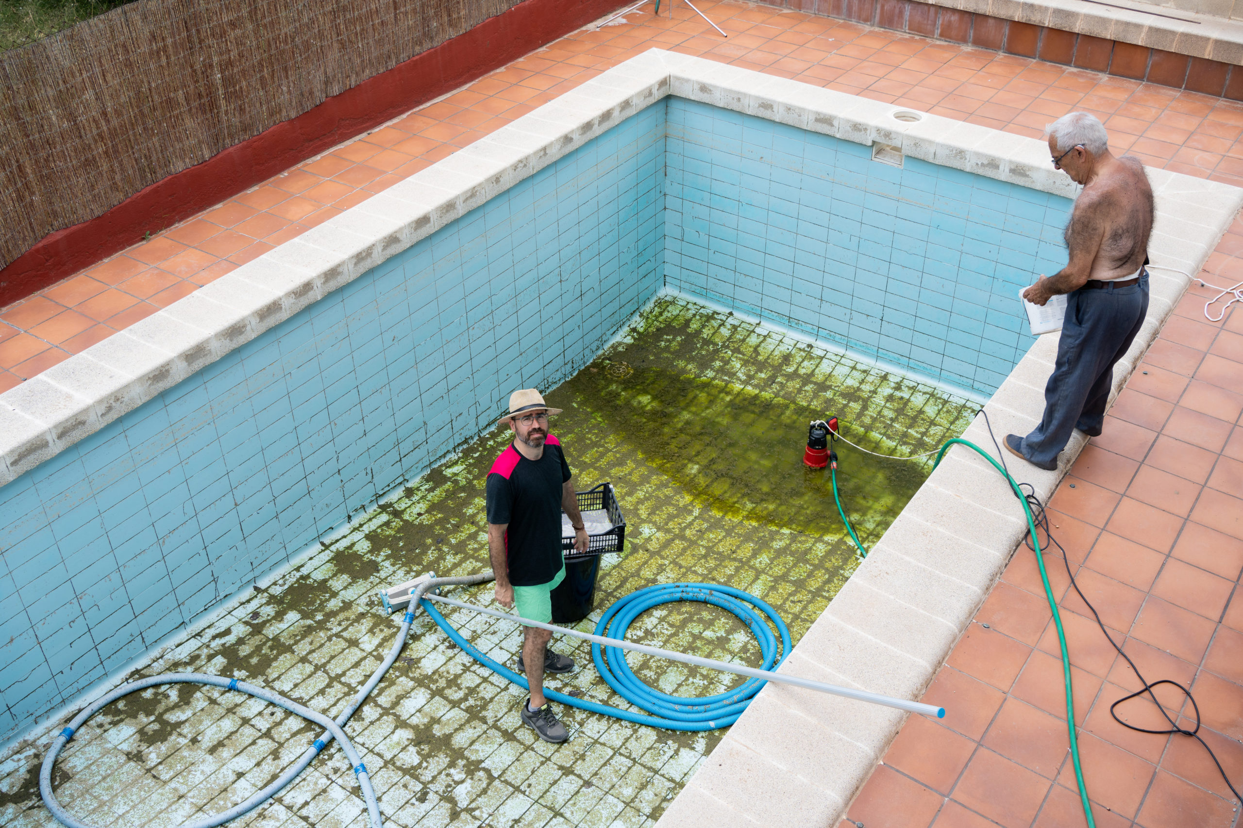 drained pool with algae