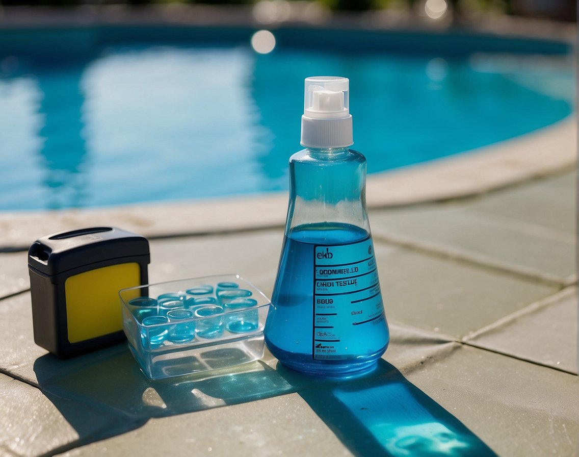 Clear blue water in a swimming pool with a chemical testing kit and various chemicals lined up on the pool deck, a balanced chemical level is crucial