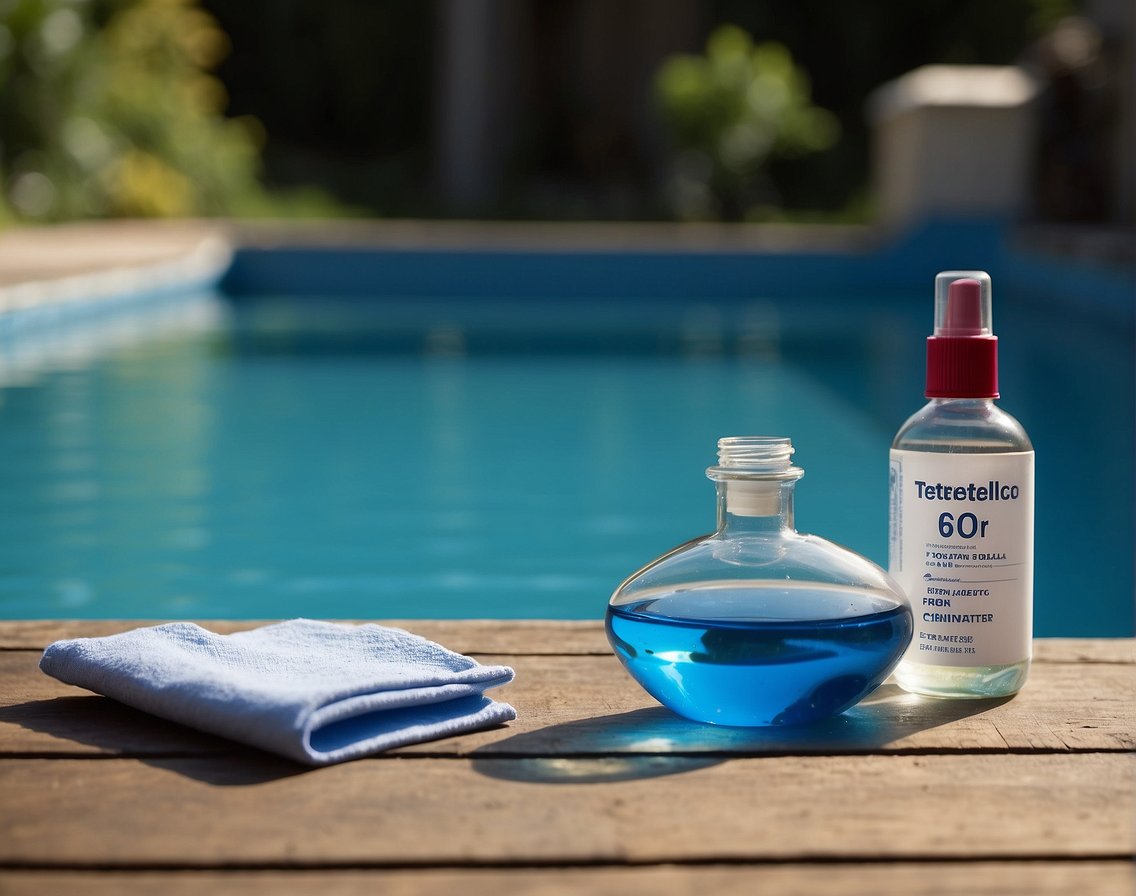 A pool with clear blue water, a test kit floating on the surface, and a bottle of chemicals nearby. The water is free of contaminants, demonstrating the importance of proper chemical balancing