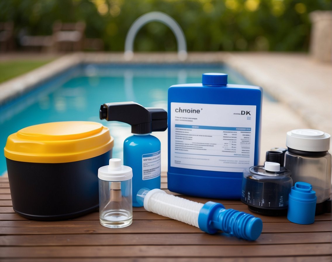 A pool with a pump, filter, and chemical testing kit. Properly labeled containers of chlorine and other pool chemicals. A chart showing ideal chemical levels