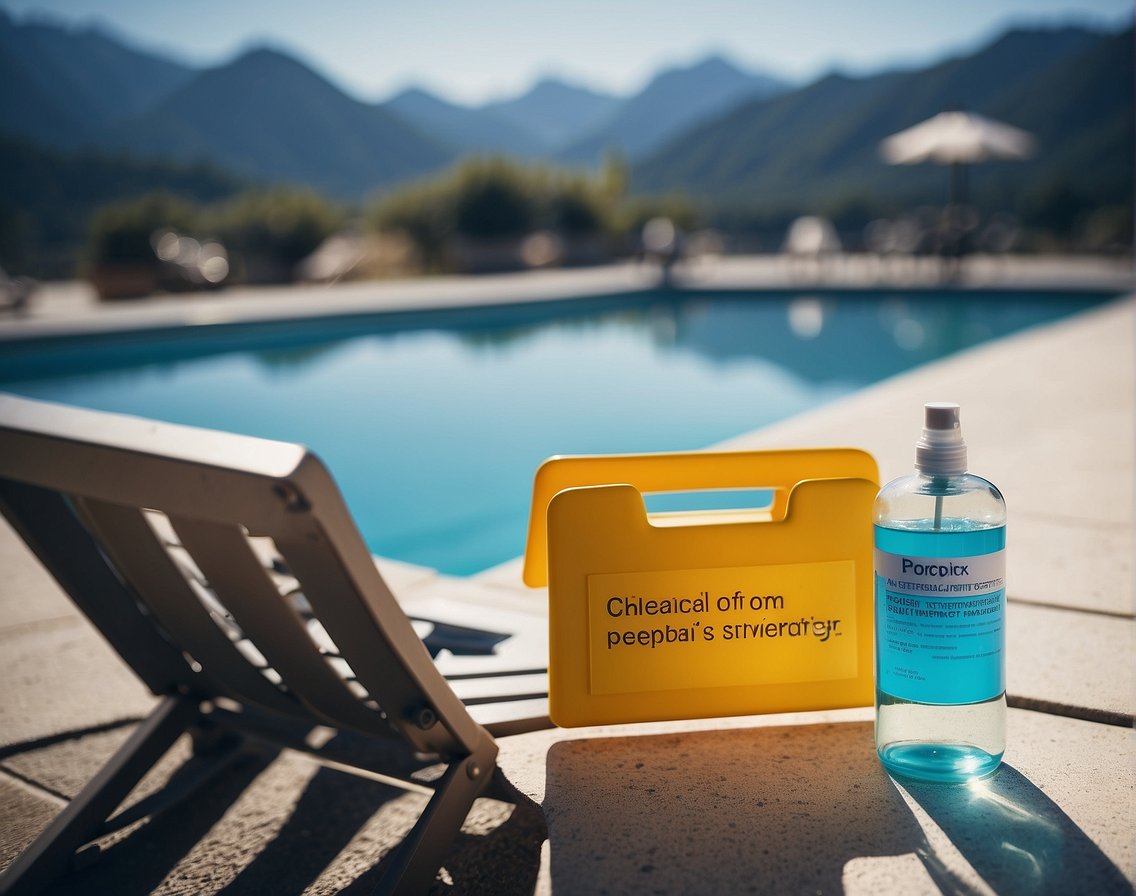 A pool with clear blue water, labeled chemical containers, and a testing kit on the edge, with a sign emphasizing the importance of proper chemical balancing