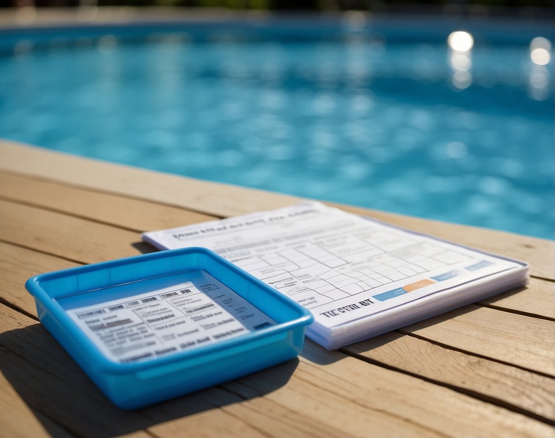 A clear swimming pool with balanced chemical levels, labeled test kits, and a chart showing ideal water chemistry parameters